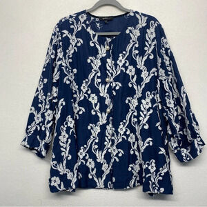 Yushi Navy Floral Pearl Button Front Textured Jacket XXL Lagenlook Art to Wear